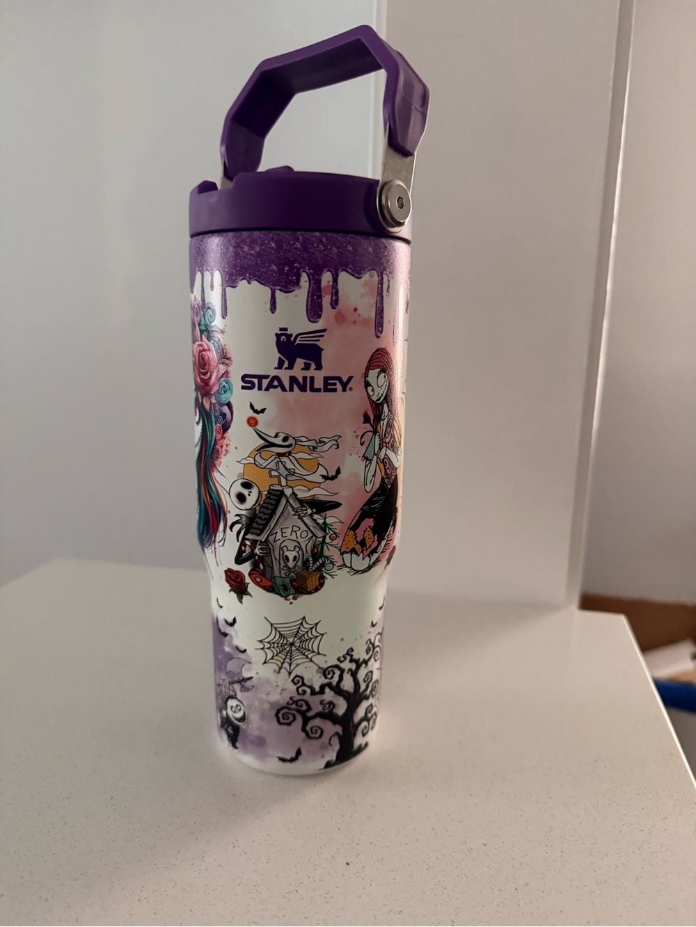 Stanley White Travel Tumbler with Purple Lid and Handle